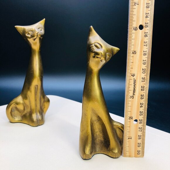 80s Brass Long Neck Alley Cat COUPLE Figurines Set, Vintage Gold Tone Statuettes - Picture 11 of 11